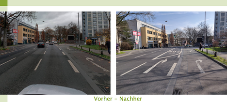 Vorher-Nacher Bild der Langenbeckstraße, neu mit Busspur.